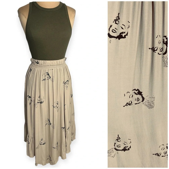 Vintage Marilyn Monroe print midi skirt by Miss Mod tan black size Medium Large - Picture 1 of 13